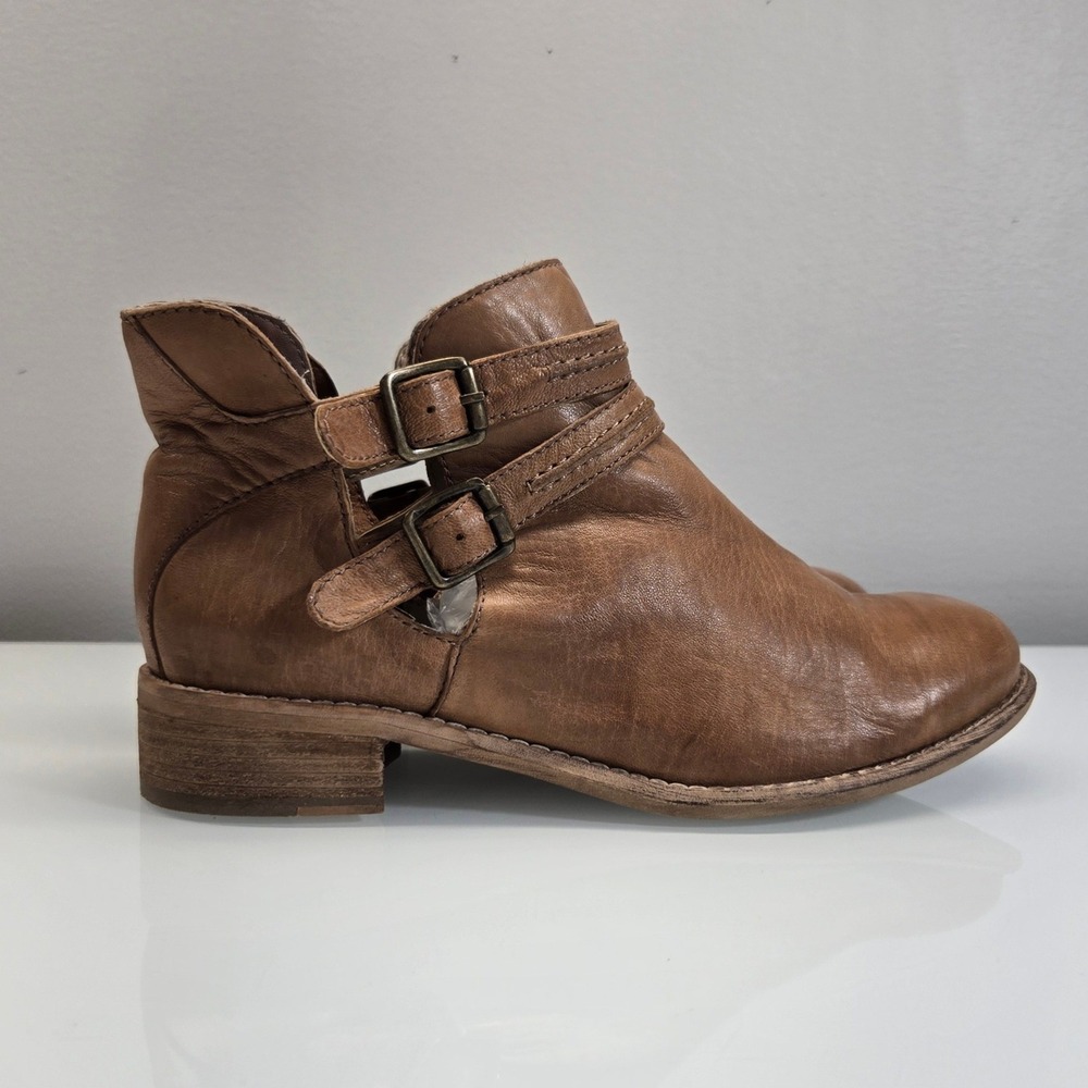 Diba True Ankle Boots 7 Brown Leather Double Buckle‎ Cutout Boho Rustic Western
